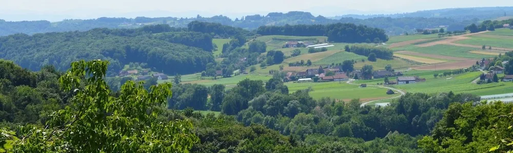 Panoramiczny widok na zielone wzgórza z lasami, polami uprawnymi i małymi wioskami.